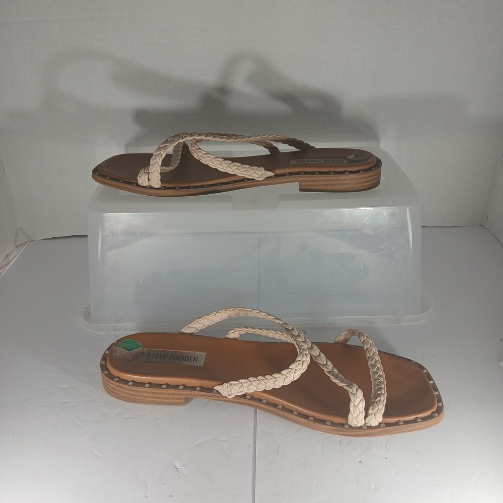 Steve Madden Braided Strappy Sandals 8 Tan Ivory Studded Square Toe Boho Chic - Picture 2 of 9